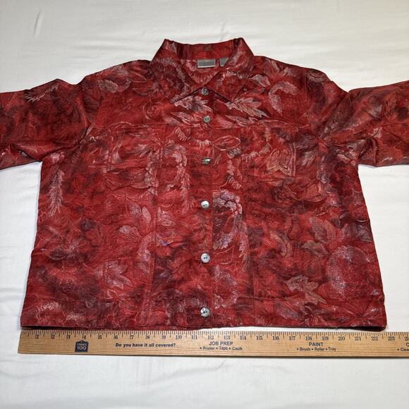 Chicos 3 Womens XL Jacket Silk Blend Blazer Red Metallic Floral Button Front EUC - Picture 5 of 14